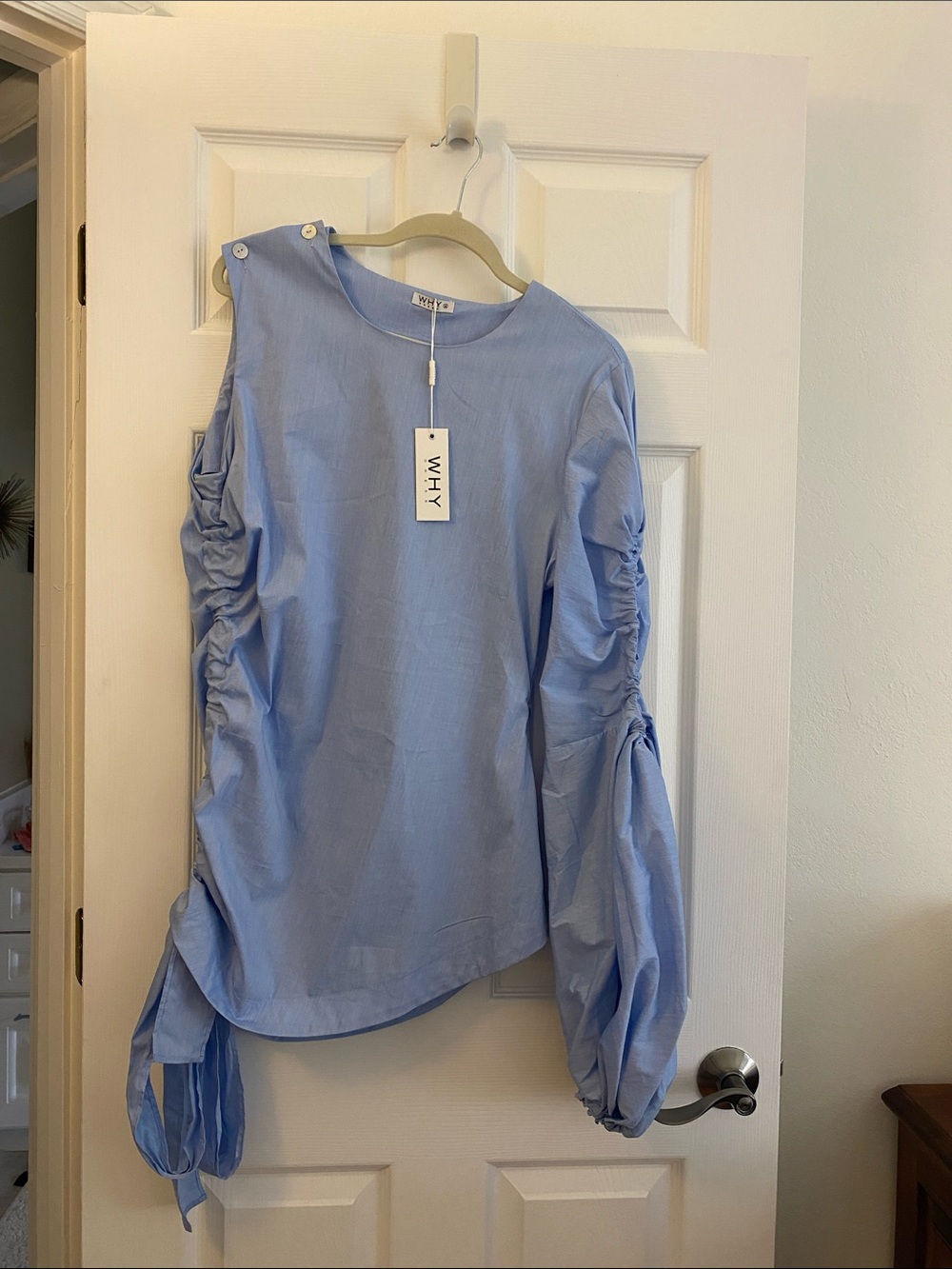 WHY Light Blue Ruched-Sleeve Cotton Top